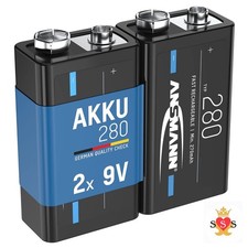 Ansmann 9V size Rechargeable Batteries [Pack of 2] 280mAh 8.4V NiMH Low Self-Dis