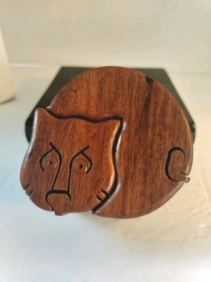 Vintage (1980's/1990's) Handcrafted Rosewood Cat Puzzle Box; EUC!