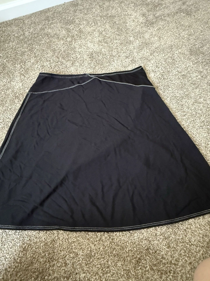 Studio M XL Black Jersey Elastic Waist Skirt, White Stitching, Asymmetric Godet - Image 3 of 4