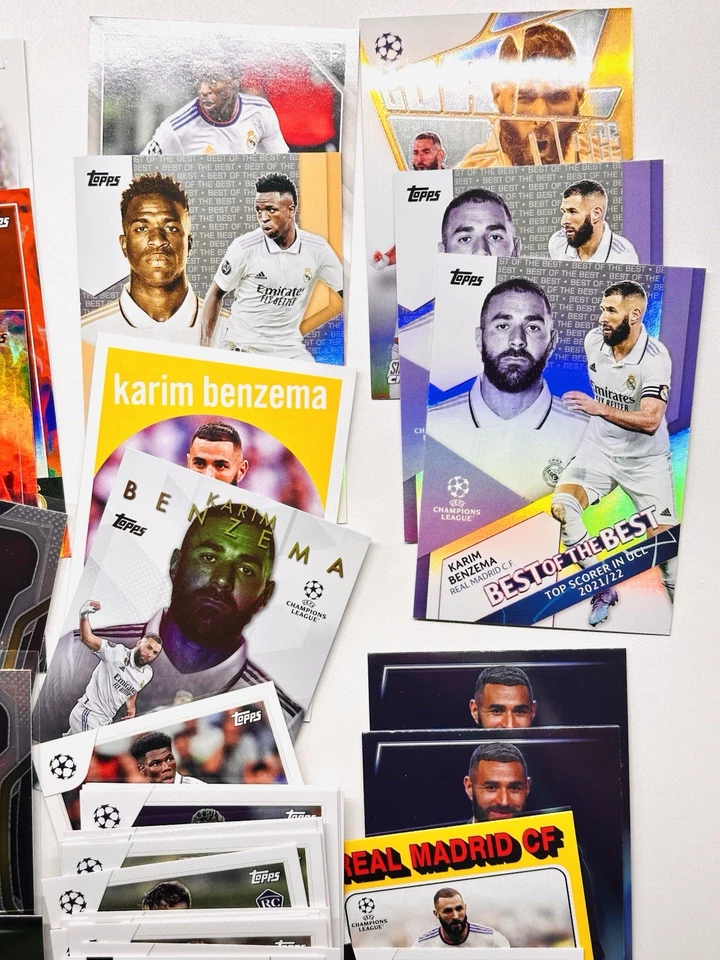 Lote de 80 tarjetas de fútbol Real Madrid Benzema Bellingham Vini novato refractores insertos Foto 3 de 4