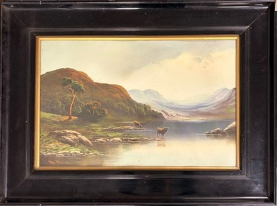 Ward (20. Jahrhundert): Highland Lake Szene mit Rindern, Öl auf Karte