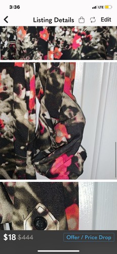 Calvin Klein Top leggero nero rosa floreale con bottoni maniche a linguetta a rullo S - Foto 6 di 9