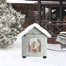 Elevated Heated Cat House Outdoor Winter Shelter Waterproof Insulated Grey Small