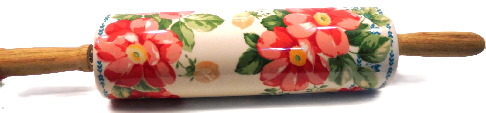 Pioneer Woman Rolling Pin Retired Sweet Rose Pattern Ceramic Wooden Handles Vntg