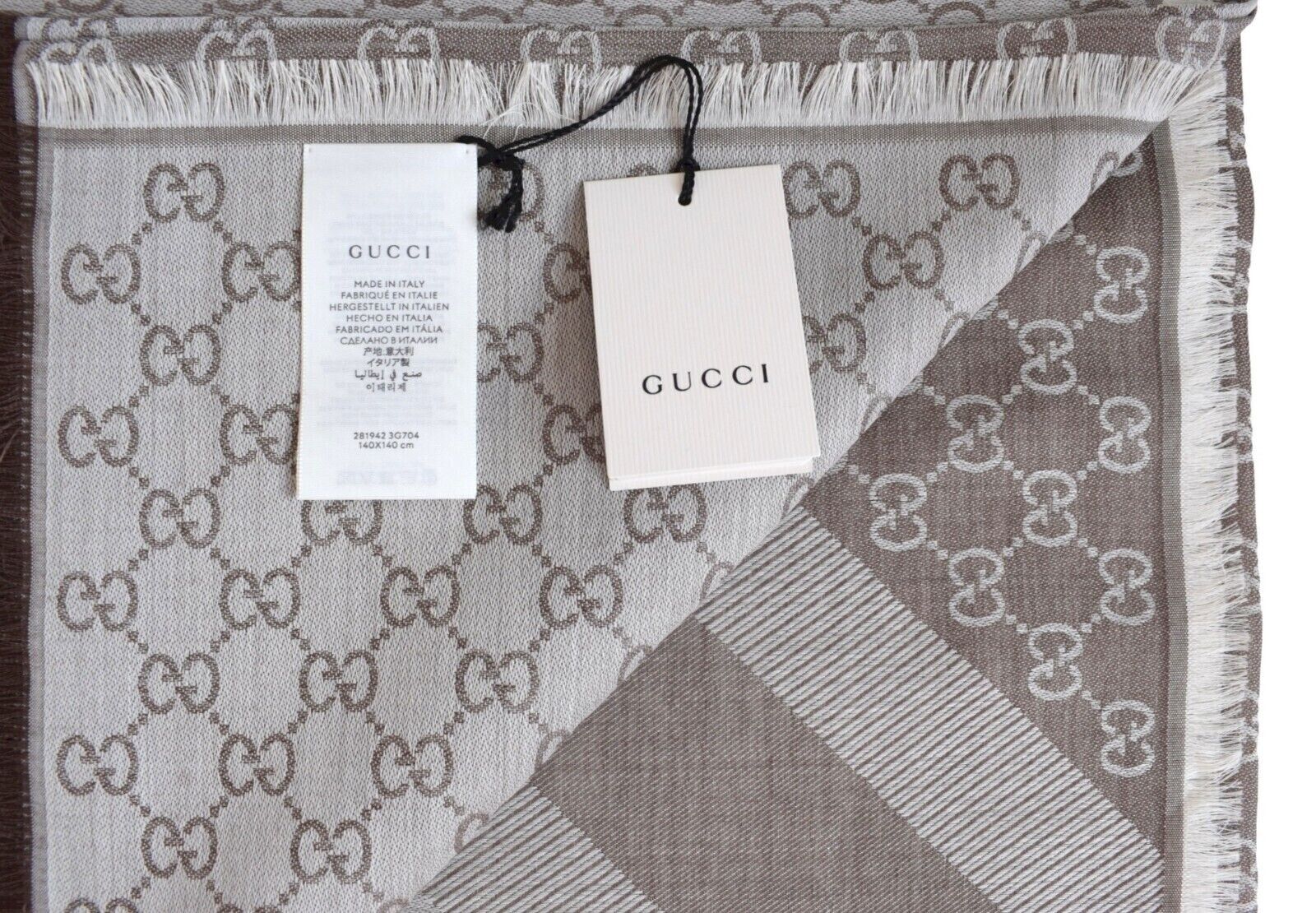 GUCCI scarf shawl GG Guccissima 140x140 cm wool silk 281942 beige