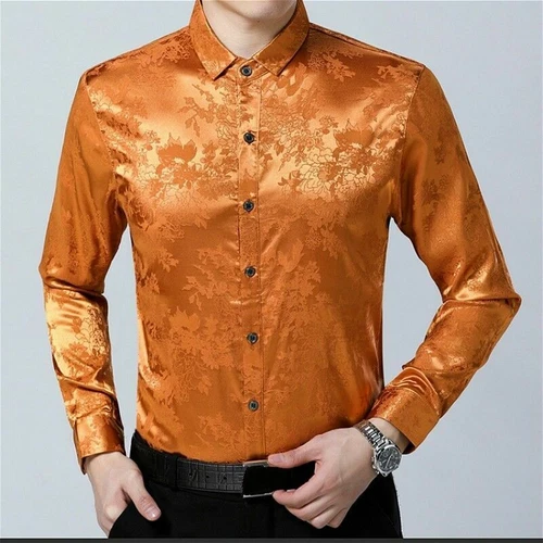 Men Silk Satin Flower Dress Shirt Fit Business Formal Long Sleeve Loose Top New - Picture 8 of 17