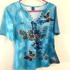 Shein Top Womens Small Butterfly Blue Short Sleeve Buttons