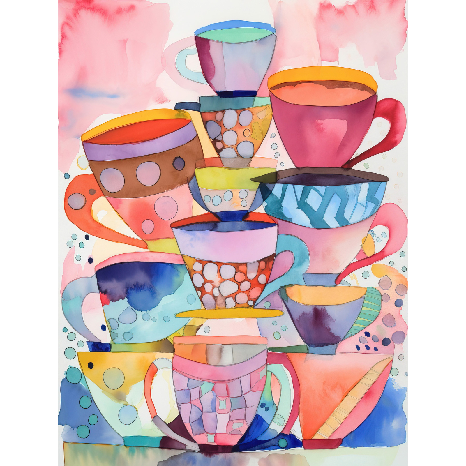 Abstract Kitchen Cups And Saucers Folk Art Huge Wall Art Poster Print Giant