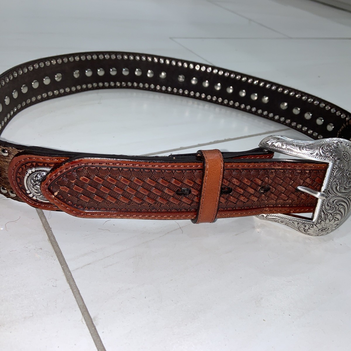 のんのん 2点 Nocona Men's Crystal Studded Calf Hair Leather Belt