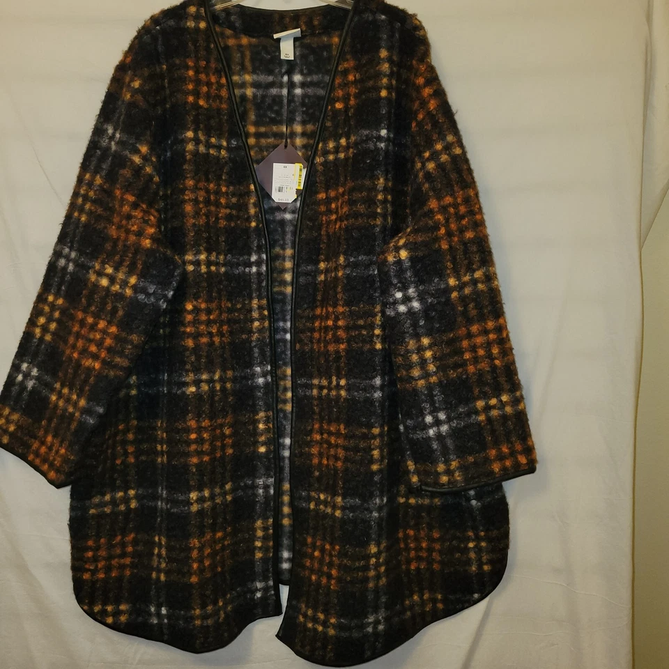 Chaqueta de abrigo Ava & Viv 4X amarilla negra a cuadros bolsillos delanteros abiertos ribete de cuero sintético