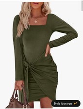 Long Sleeve Square Neck Tie Waist Dress