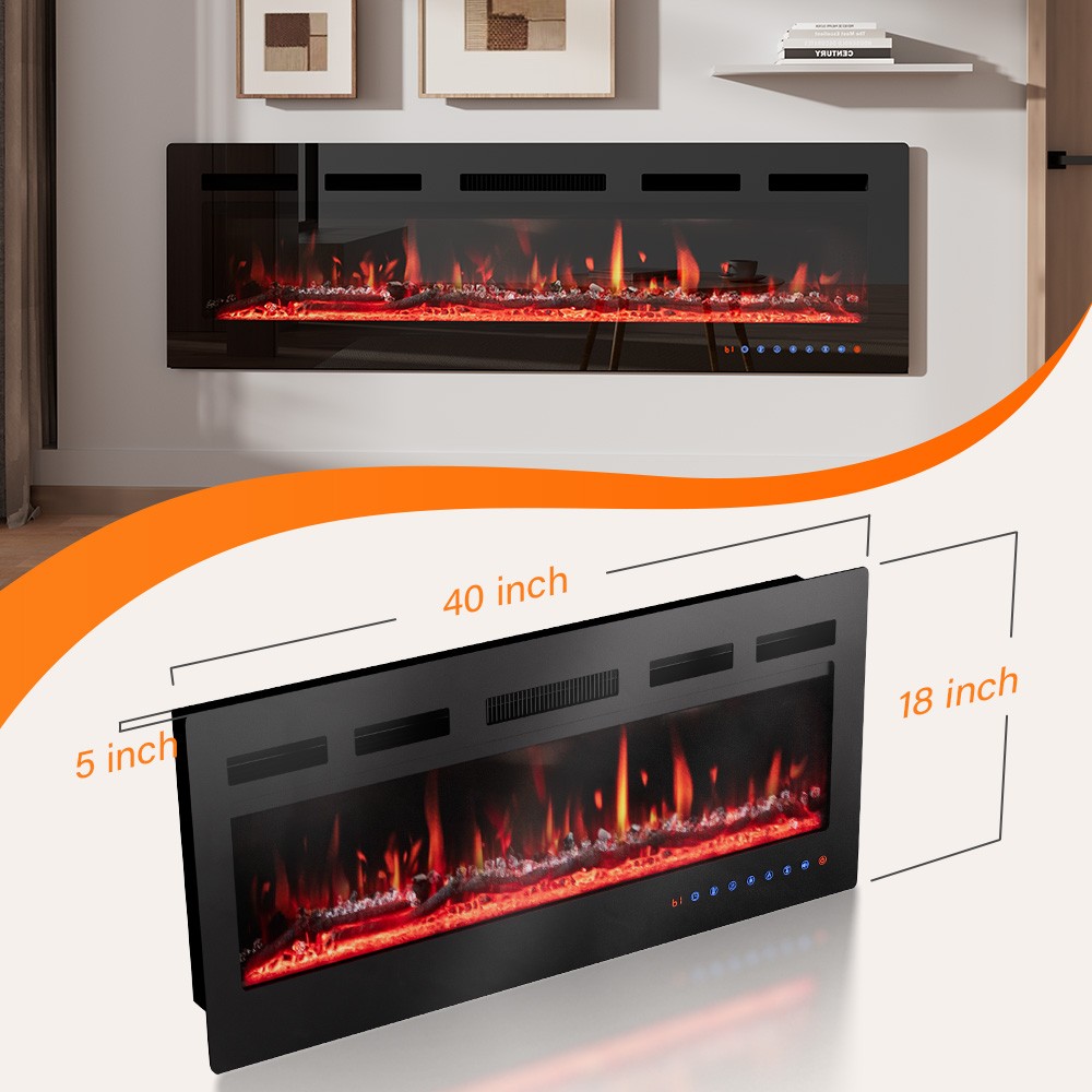 40/50/60 inch Electric Fireplace Insert Wall-Mount Heater & Remote, Timer Black