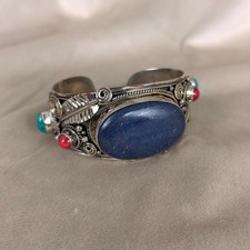 Antiqie Tibetan Sterling Silver and Blue Stone Lapis Lazuli Cuff Bracelet