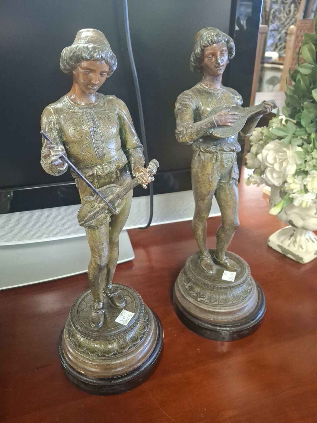 Pair Of Renaissance Metal Pair Of Male Musicians Sculptures with Instruments