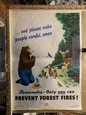 1947 HANSEN SMOKEY BEAR PRAYING US DEPT OF AGRICULTURE FOREST SERVICE POSTER