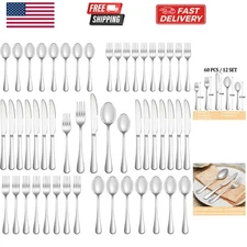 60 Piece Silverware Set Service for 12, Stainless Steel Flatware Set,Mirror P...