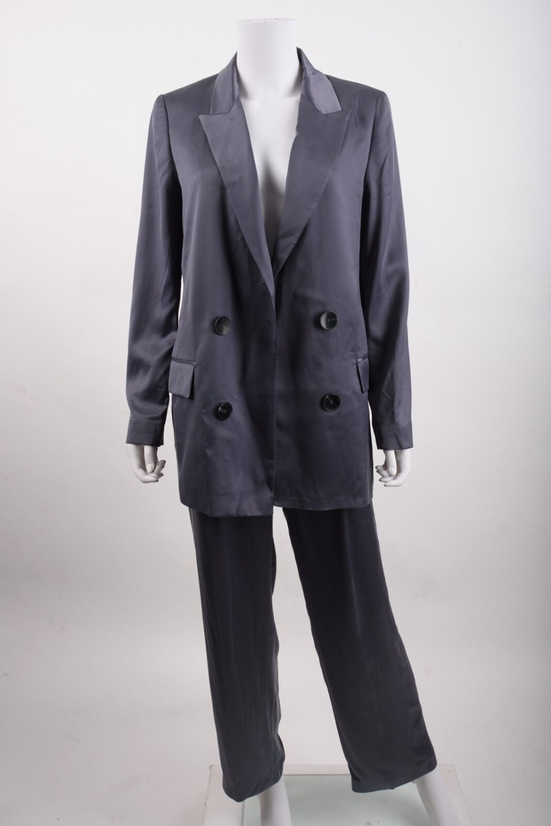 Massimo Dutti Women Blazer Suit Jacket Pant Set Gray Satin