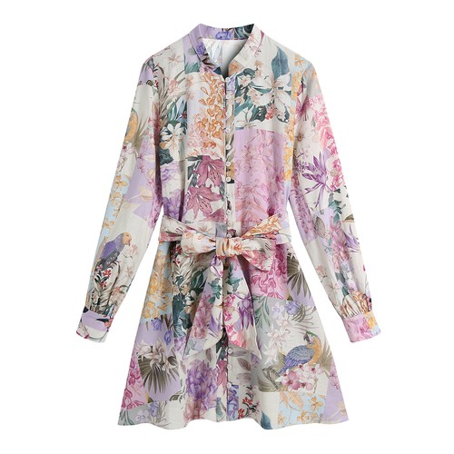 2024 Women's Printed Summer Dress Women's Button-up Belt Long-sleeved Dress New