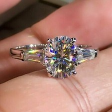 3 CT Lab Created Oval Cut Three Diamond Engagement Ring 14k White Gold Plated