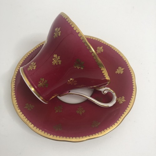 Aynsley Cabbage Rose Tea Cup & Saucer Fleur De Lis Burgundy Red Gold Gilt Trim - Picture 5 of 13