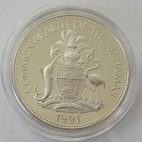 Bahamas 5 Dollars 1991 500 Years America Columbus with Flag Silver Proof - Picture 2 of 2