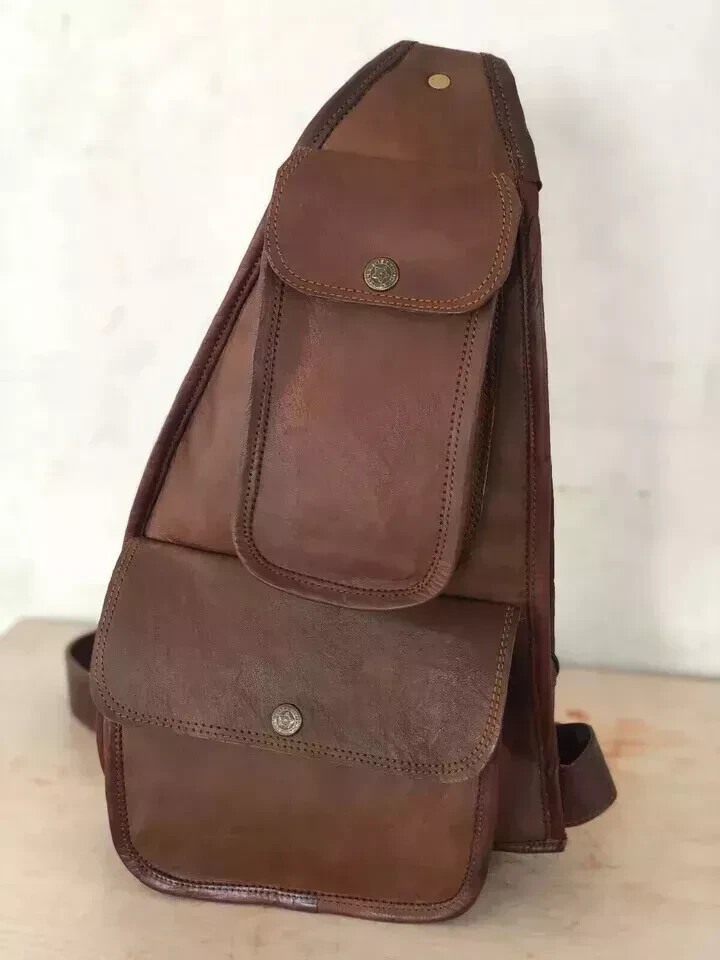 16" Bolso de Cuero de Cabra Mensajero Artesanal Vintage Mochila Viaje Pecho B...