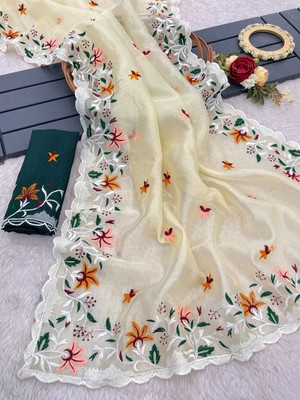 Elegant Grey Embroidered Khadi Organza Silk Festive Wear Saree with Blouse Piece
