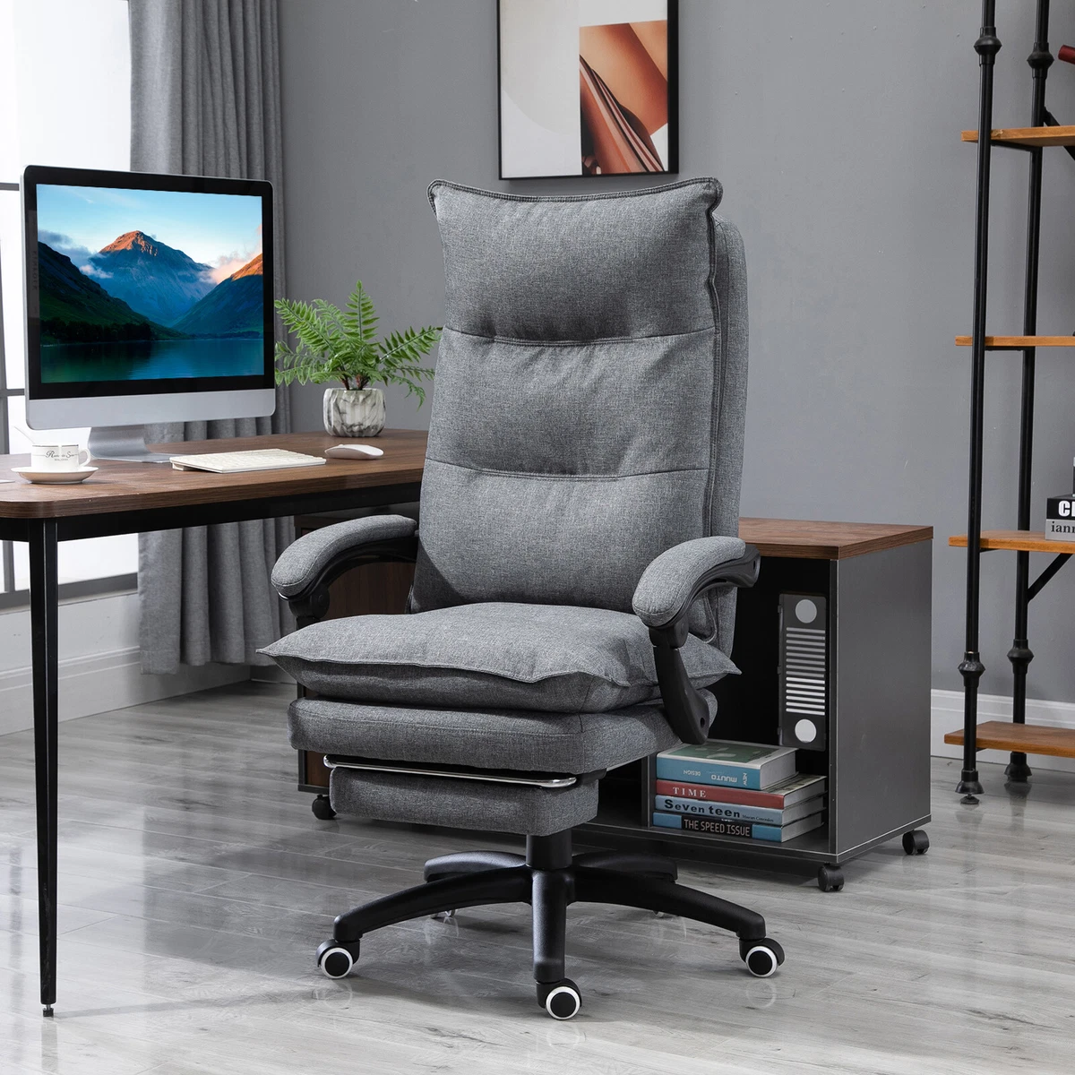 Vinsetto Ergonomic Home Office Chair High Back Task Computer Desk Chair  with Padded Armrests, Linen Fabric, Swivel Wheels, and Adjustable Height,  gray