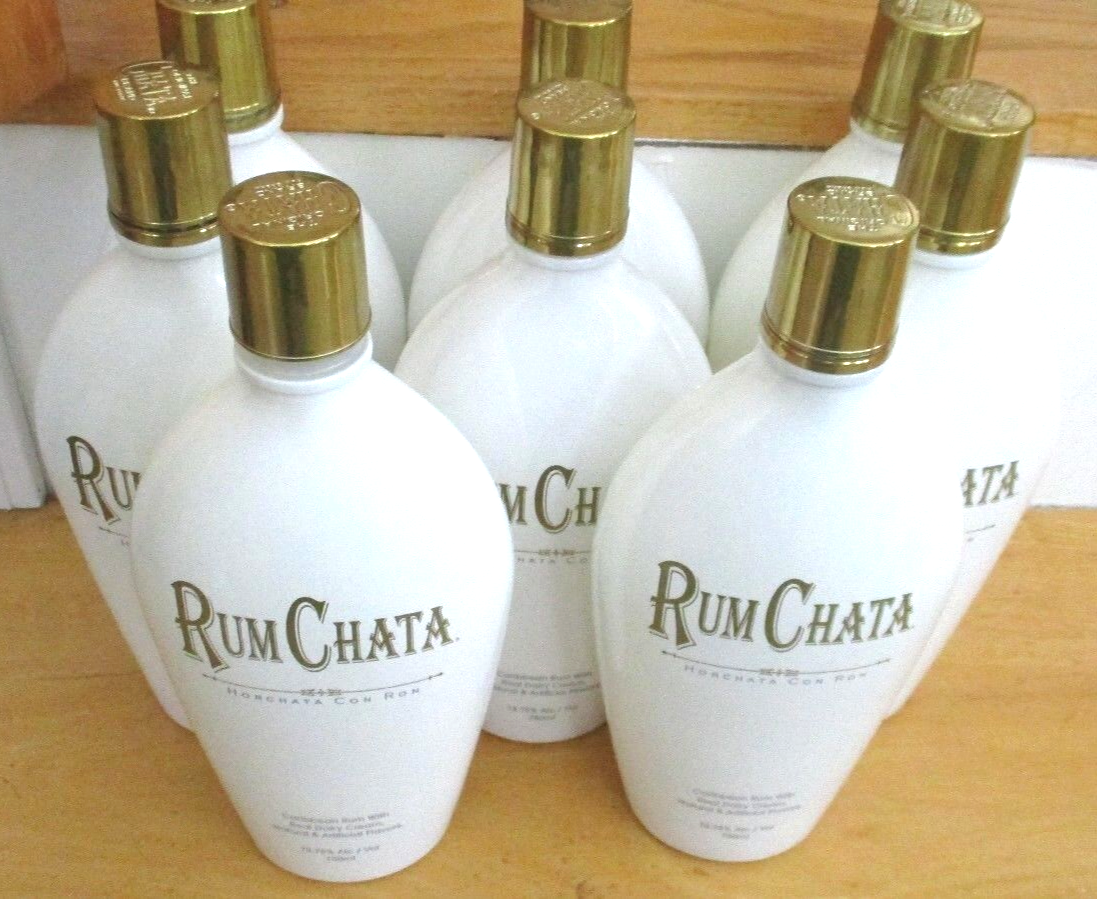 8 Empty RUM CHATA 750 ML WHITE GLASS Bottles Metallic Gold Screw On