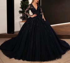 Black Wedding Dresses with Long Sleeve Tulle Appliques A Line Bridal Gowns Train