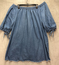 Speed Control Denim Mini Shirt Dress 3X Raw Edge Bling Sleeves Off Shoulder