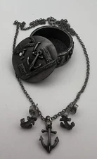 Vtg  Torino Pewter Anchor Jewelry Set Necklace Earrings Trinket Box Navy Ocean