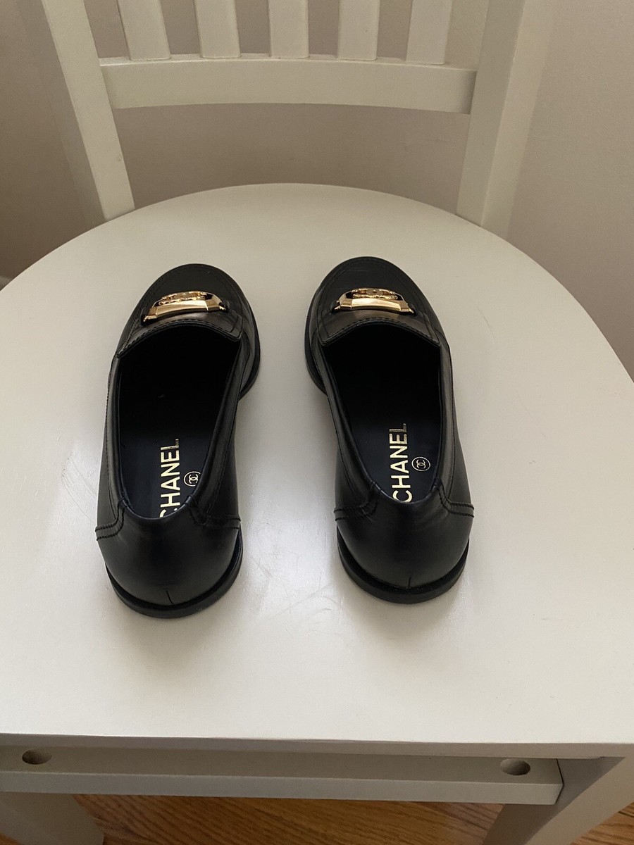 Chanel Black Moccasin Loafers W/ Gold CC. 2023 New In Box Chanel Black Moccasin Loafers W/ Gold CC. 2023 New In Box