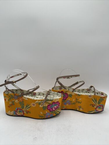 Gucci Yellow Floral/Beige Leather Open Toe Ankle Strap Flatform Sandals Sz 38.5