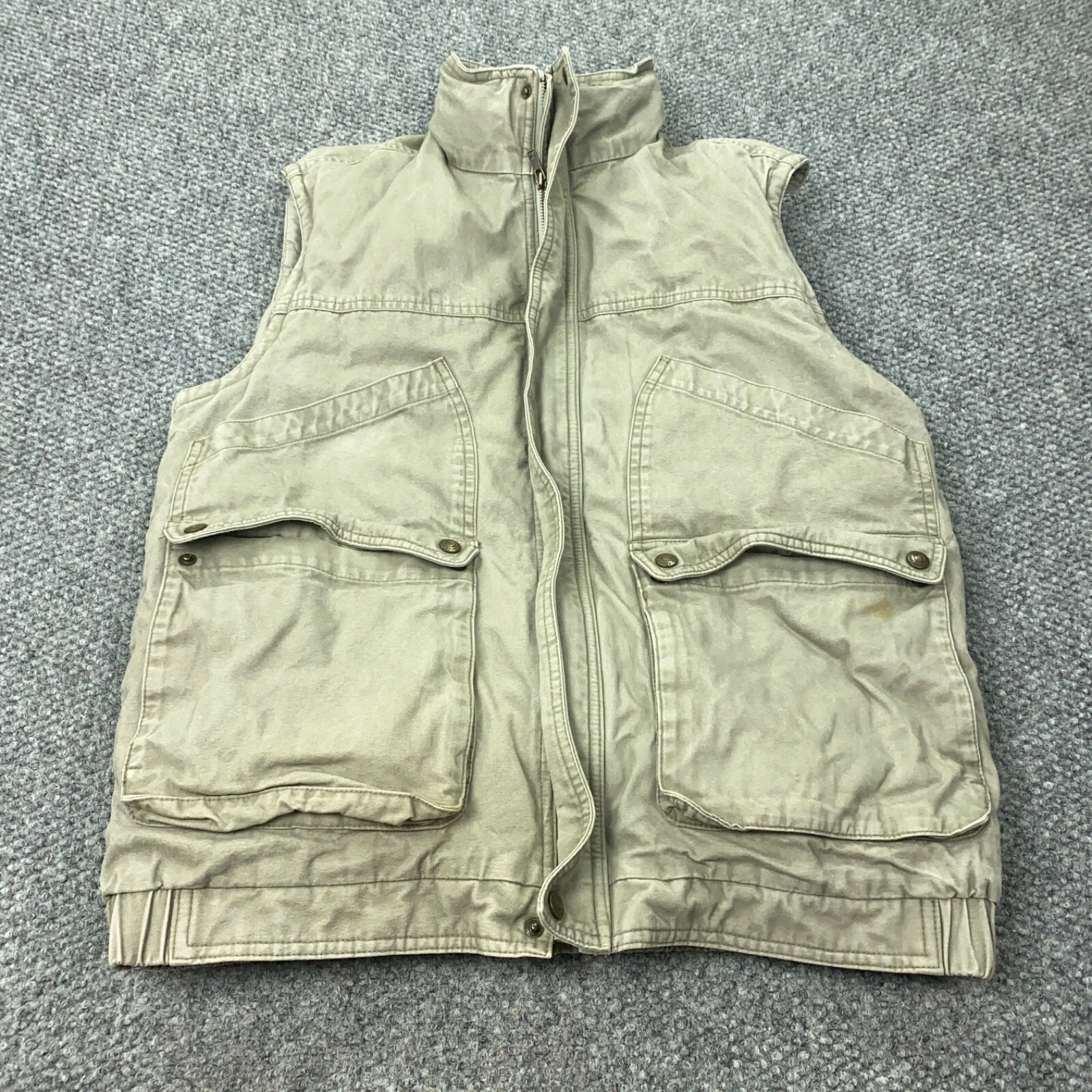 Vintage Eddie Bauer Vest Mens Small Beige Goose Down Canvas Insulated Full Zip