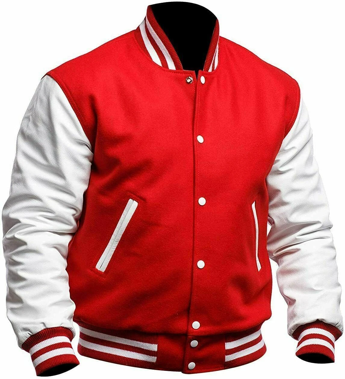 Varsity Letterman Retro Wool Red Body & White Leather Sleeves Bomber Jacket Men