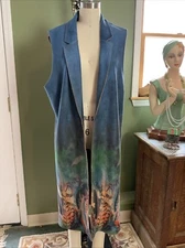 FDJ French Dressing Jeans Blue Green  Faux Suede Duster Vest Feathers Sz XL