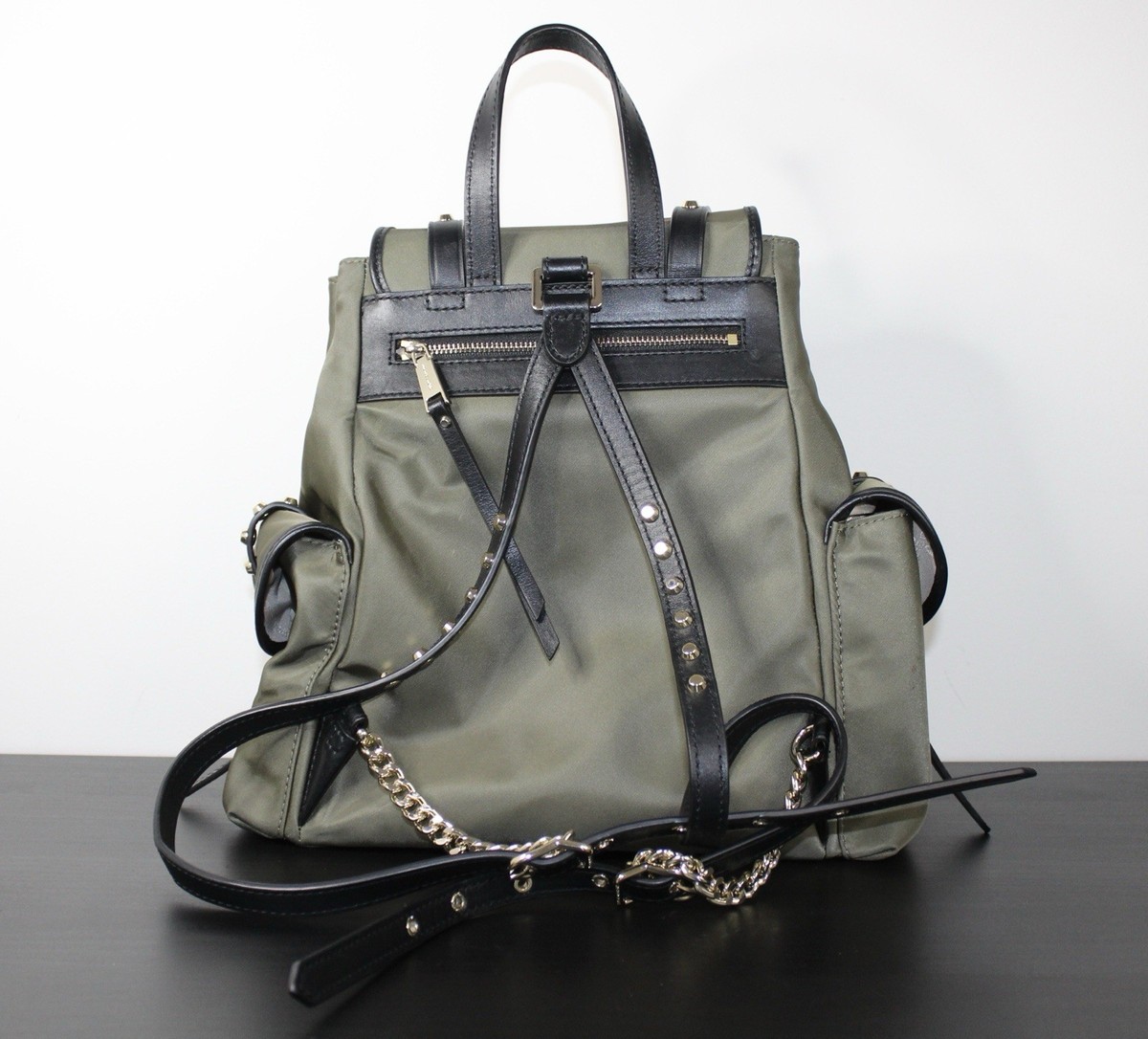 Michael Kors Leila Flap Medium Nylon Backpack Bag Green /Gold Studs NWT Michael Kors Adina Medium Backpack Light Sage Green Pebbled  main image 3