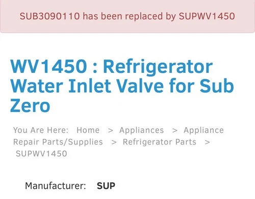 Supco WV1450 Refrigerator Water Inlet Valve for Subzero