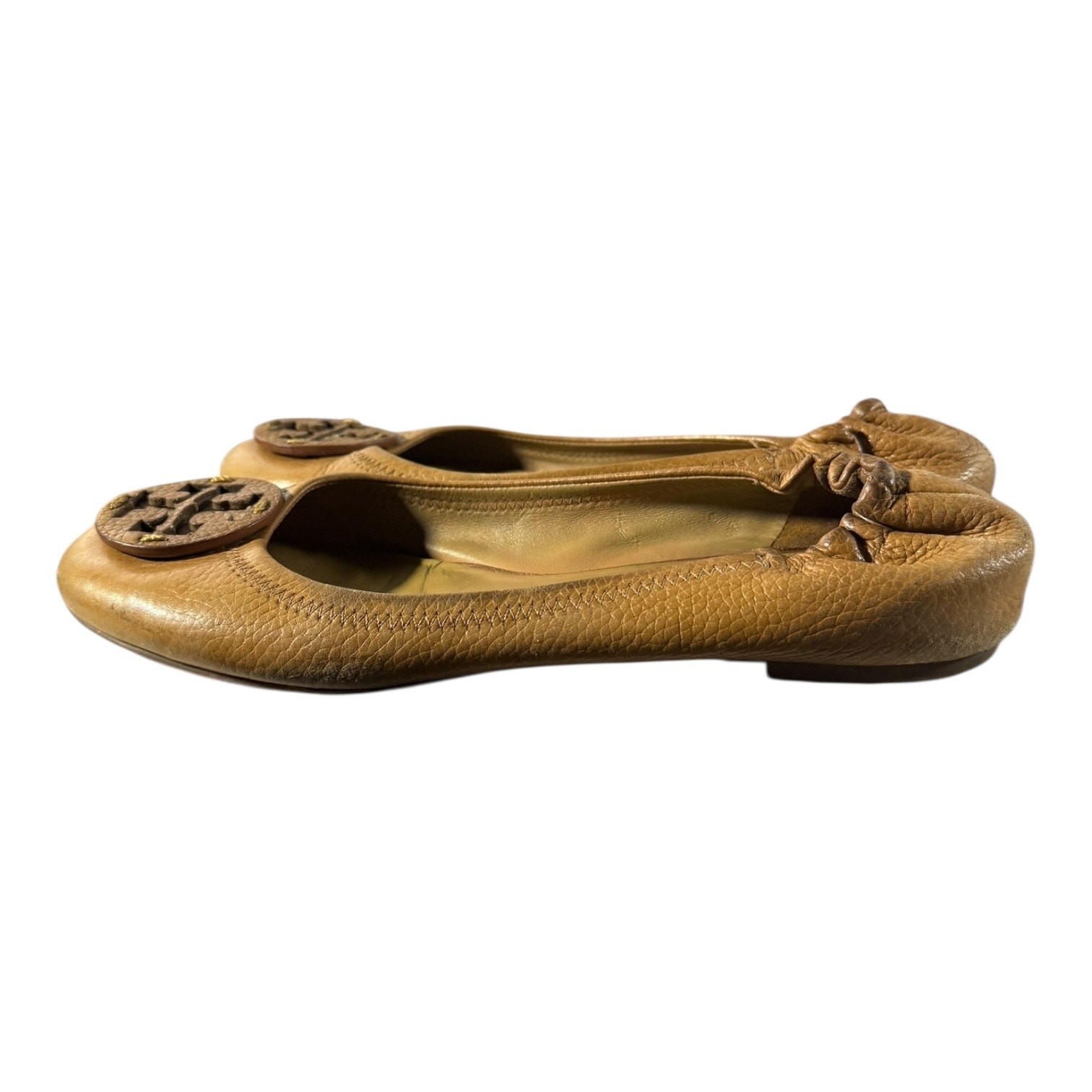 Tory Burch Reva Ballet Flats Brown 8 M Camel Leather Logo Medallion Elastic Back thumbnail 5