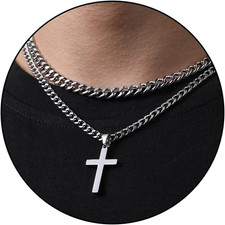 Layered Stainless Steel Cross Necklace for Men Boys, Cuban Link Chain Cross Pend