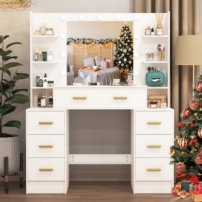 Vanity Set with LED Lighted Mirror Makeup Dressing Table Desk 7 Drawers 8 Shelfs