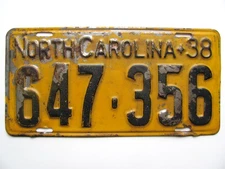 1938 NORTH CAROLINA NC LICENSE PLATE TAG,  ORIGINAL, VINTAGE, USED