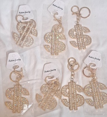 Gold Metal Dollar Sign Rhinestone Keychain Lot Bling Charm Purse 7pc Set