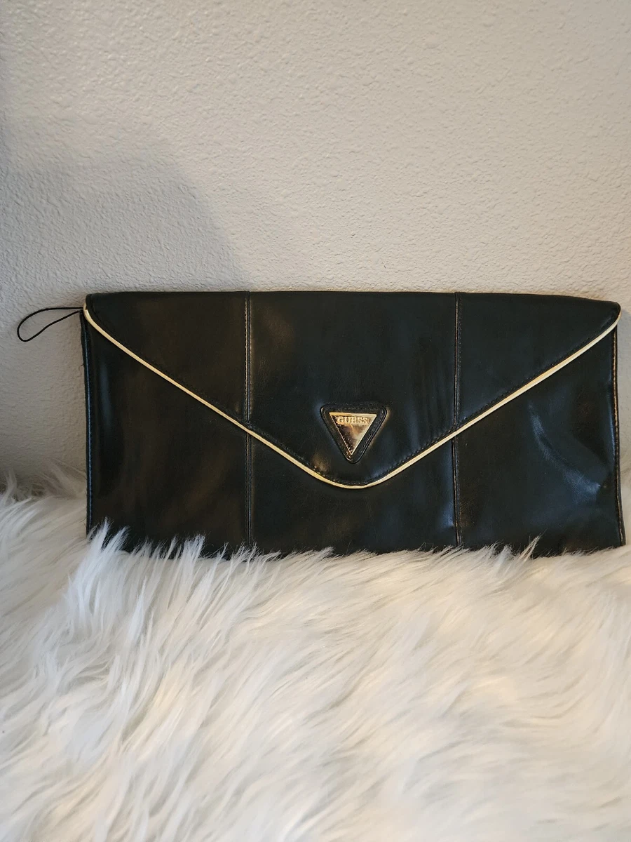 GUESS Black Clutch Envelope Style Snap Close Retro Evening Bag Party 15 X 7