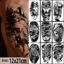 Men Black Temporary Large Wolf Tiger Lion Tattoo Art Waterproof Body Arm Sticker