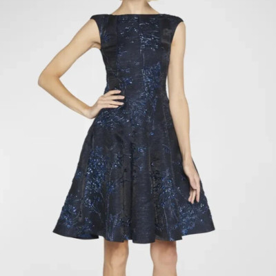 Talbot Runhof Silk Jacquard Dress Size 8 Blue Floral Fit & Flare Metallic Twig