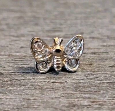 Small, Intricate Butterfly Silver Metallic With Rhinestone Accents Insect Lapel