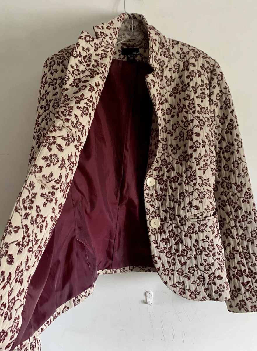 H M BEIGE BURGUNDY FLORAL PRINT LONG SLEEVES JACKET BLAZER SIZE