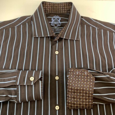 English Laundy Christopher Wick Mens Dress Shirt Brown Stripe Flip Cuff 16 32/33